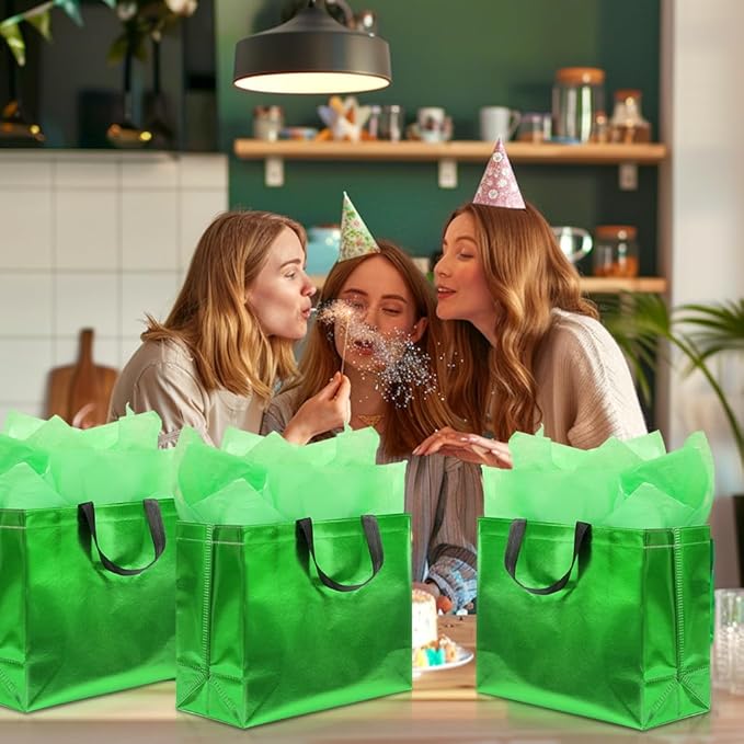 KeerxunBag 12Pcs Reusable Gift Bags（Includes Tissue Paper） Gift bag with handle Birthdays Parties Holidays Weddings Medium 13x5x11in Green Gift Bags