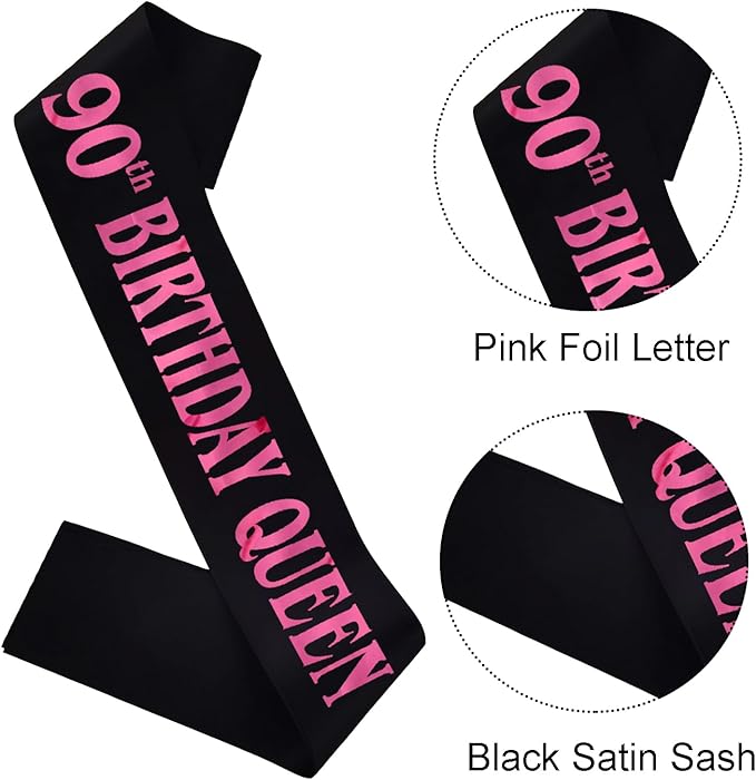 90th Birthday Queen Sash, Pink Foil Black Satin Birthday Sash for Women 90th Fabulous Birthday Party Gift Decorations Favors