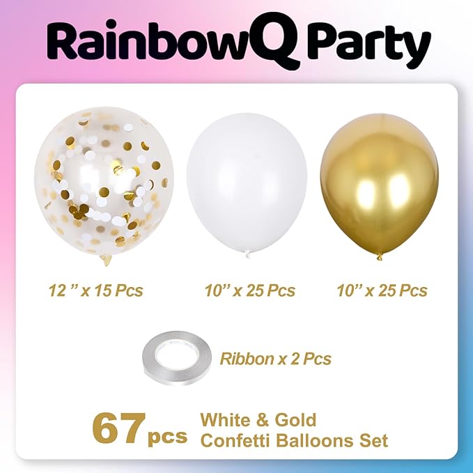 Metallic Shiny Gold and White Balloons 12 Inch 67PCS White Gold Confetti Balloons Latex Helium Balloon Set for Graduation Anniversary Wedding Birthday Party Decorations