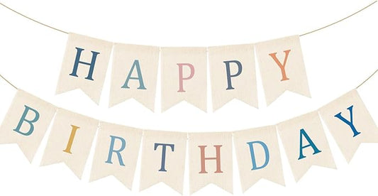 Doumeny Happy Birthday Burlap Banner Boho Birthday Bunting Garland Blue Pink Bohemian Party Sign Flag Colorful Happy Birthday Bunting Banner Rustic Birthdays Garland Flag for Wall Home Porch Door