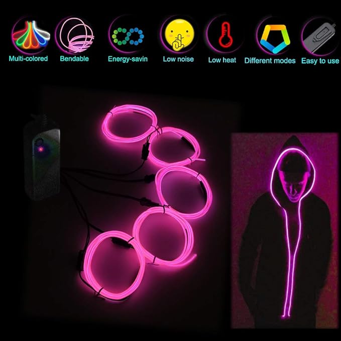 Neon Light 5-in-1 Meter Wire,Portable Battery Pack with Decorative Wire, Suitable for Birthday Parties, Thanksgiving, and Other Occasions (Pink)