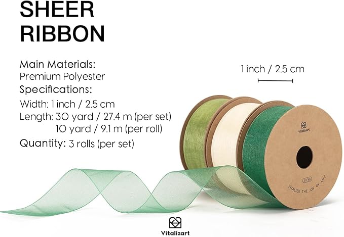 Vitalizart Green & Cream Ribbon Organza Sheer Ribbon 1 inch x 30 Yd Handmade Fabric Ribbons for Gift Wrapping Christmas Tree Crafts Bows Wedding Invitations Wreaths Wrap Sage Emerald