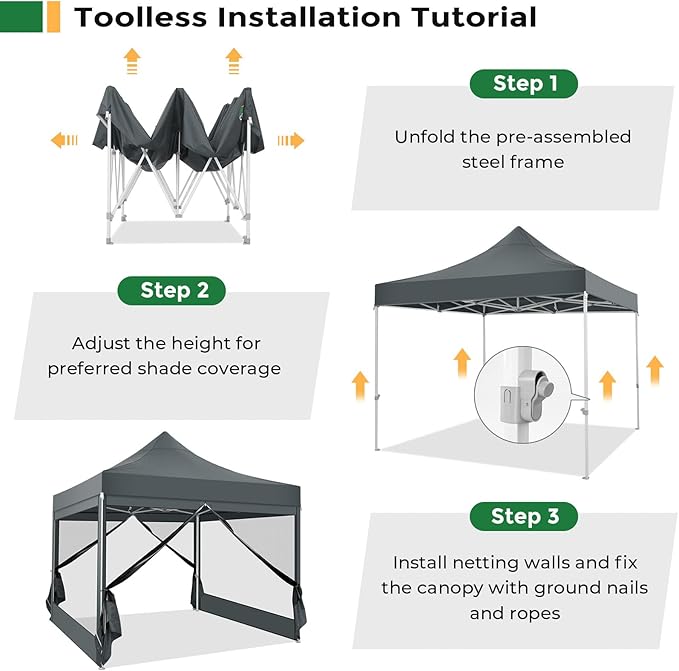 COBIZI 10x10 Heavy Duty Pop Up Canopy Tent with 4 Sidewalls, Easy Set Up Outdoor Waterproof Screen Commercial Party Tent with Mosquito Netting for Parties Backyard Patio, Carry Bag, Gray