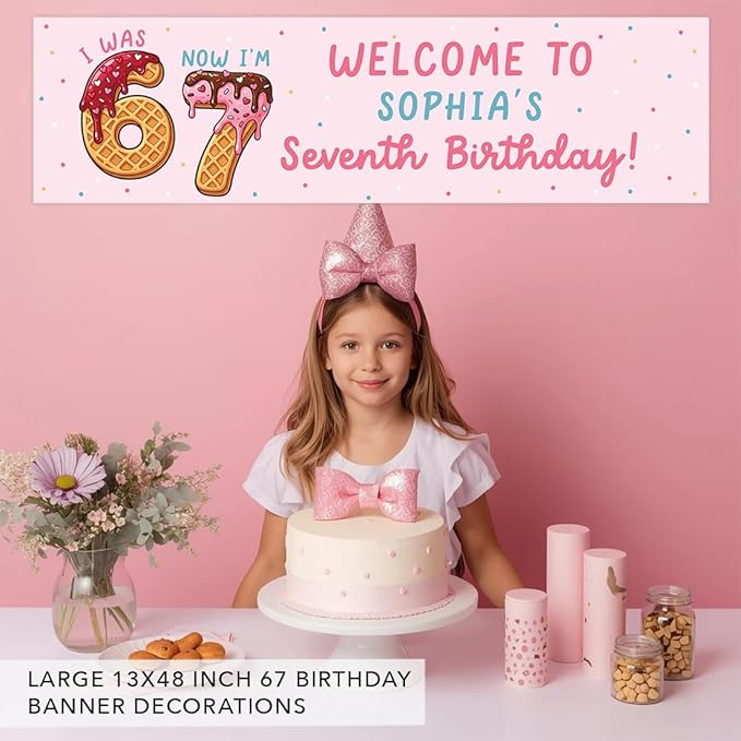 Andaz Press 13x48 Inch Custom 6 7 Birthday Banner Decorations, Personalized Birthday Banner with Custom Name, Ice Cream Theme 67 Happy Birthday Party Banner for Boys or Girls, Home or Party Décor