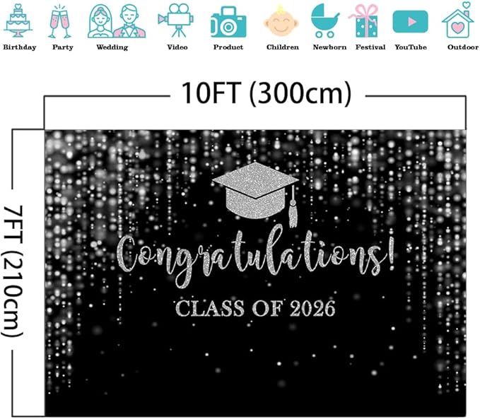 Mocsicka Class of 2026 Backdrop Black Silver Glitter Bokeh Graduation Party Background 2026 Congrats Grad Prom Party Cake Table Decoration Photo Booth Props (10x7ft)