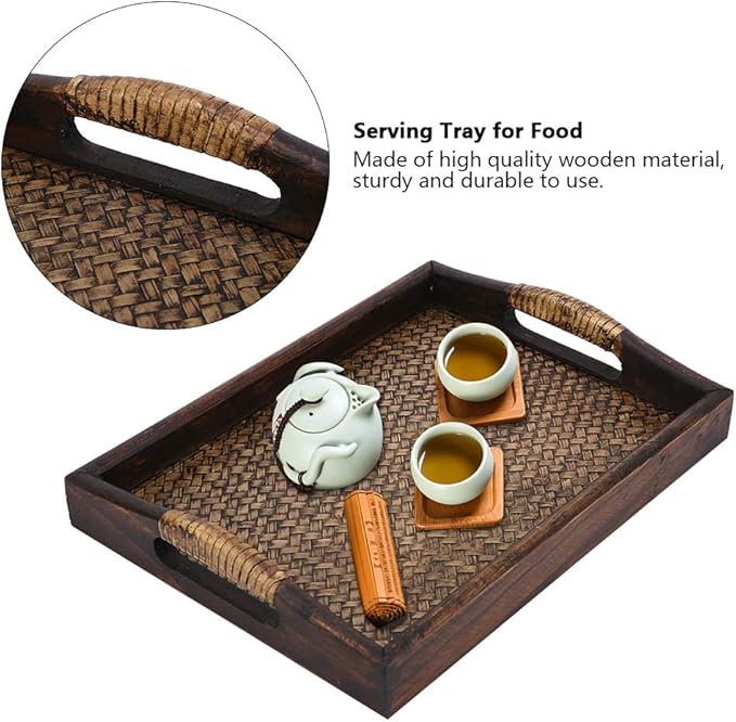 Wooden Serving Tray, Hand-Woven Rattan Rectangle Food Service Display Tray with Raised Handles, 9 Inch Natural Wood and Rattan Decorative Tray for Dining Coffee Table Tea Party