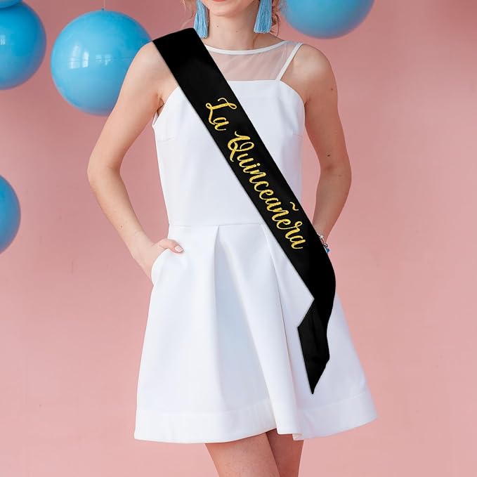 La Quinceañera Satin Sash, 15th Birthday Sash, 15 Years Old Gifts Party Supplies,,Happy15th Birthday Party Decoration (Black)