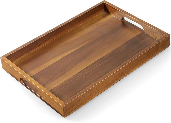 15 Inch Acacia Wood Serving Tray with Handles, Decorative Rectangle Wooden Tray for Ottoman, Breakfast in Bed, Coffee Table, Perfect for Living Room Bedroom Entryway and Kitchen