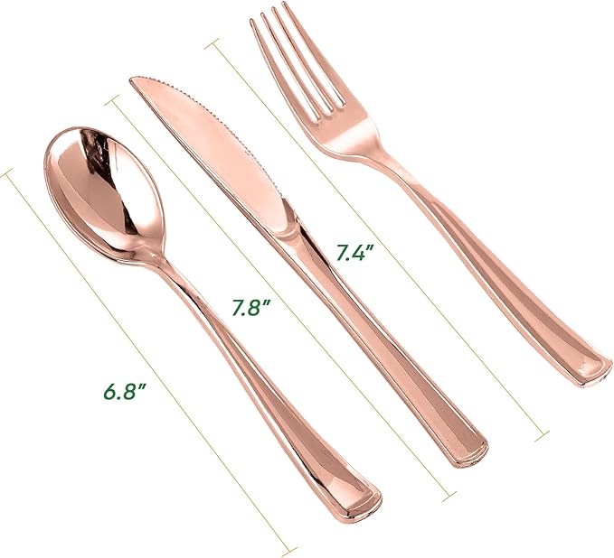 FOCUSLINE 75 Pack Rose Gold Plastic Silverware Disposable Cutlery Set - 25 Forks Knives Spoons - Disposable Flatware Heavy Duty Plastic Utensils Set for Catering, Parties, Dinners, Weddings