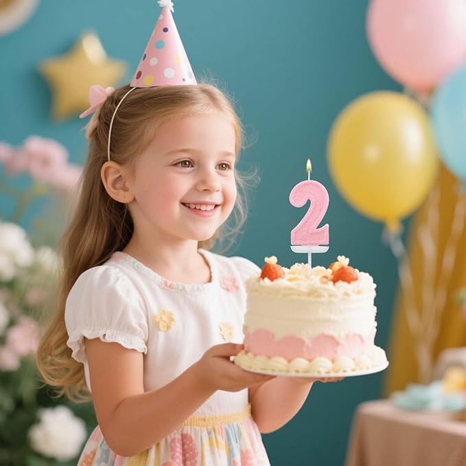 Pink Number Birthday Candles, Romantic Cake Glitter Pink Number Candles Anniversary Cake Topper Decoration Cute Birthday Party Supplies for Wedding Anniversary Celebration Supplies (2)