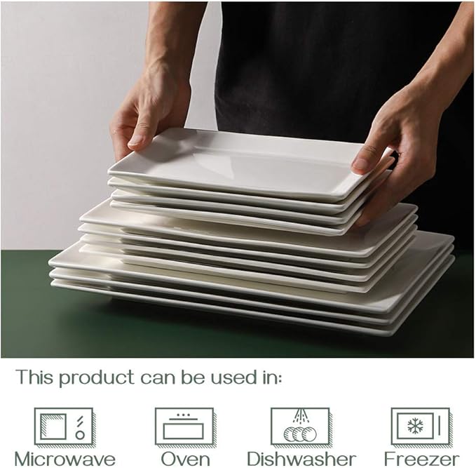 DOWAN 9.7" Rectangle Serving Plates Set of 4 - Restaurant Plates for Party, Wedding, and Entertaining - White Rectangular Dishes for Steak, Taco, Sushi, Chips, Appetizer, Cake - Dishwasher & Oven Safe