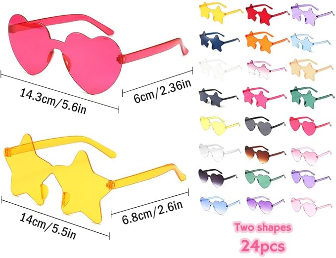 24pc Heart Shaped Sunglasses Set, Rimless Star Shape Sunglasses, Transparent Colorful Frameless Glasses for Party Cosplay