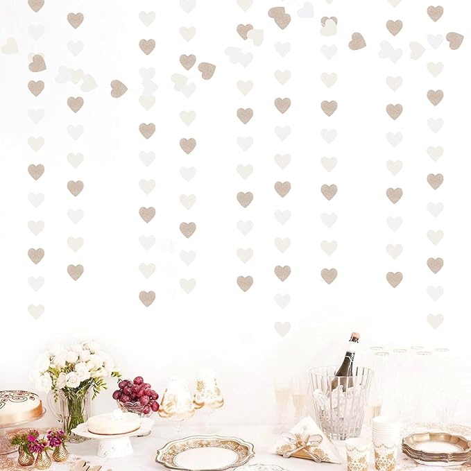 Champagne-Gold Milky-White Birthday Party-Decorations Heart-Garland - 52ft Wedding Hanging Streamers Banner,Bachelorette Engagement Romantic Special Night Baby Bridal Shower Backdrop Decor Burgleda