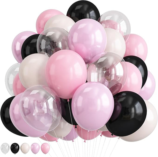 Black and Pink Balloons Set, Black White Clear Double Pearl White Pastel Pink Latex Balloons Set for Girl Women Bridal Baby Shower Wedding Valentines Sweet 16 Princess Birthday Party Decorations