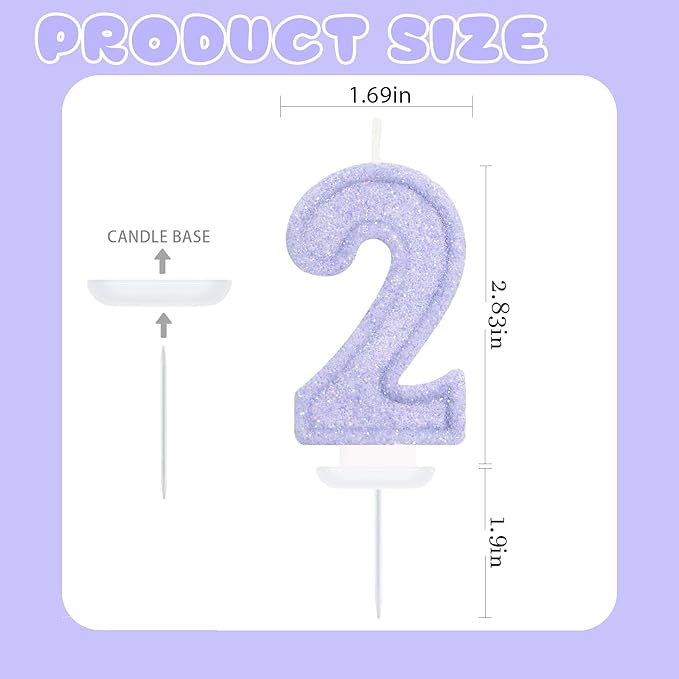 Purple Birthday Candles for Girls - Number 2 Candle Cake Topper for Purple Fairy Birthday Party Decorations