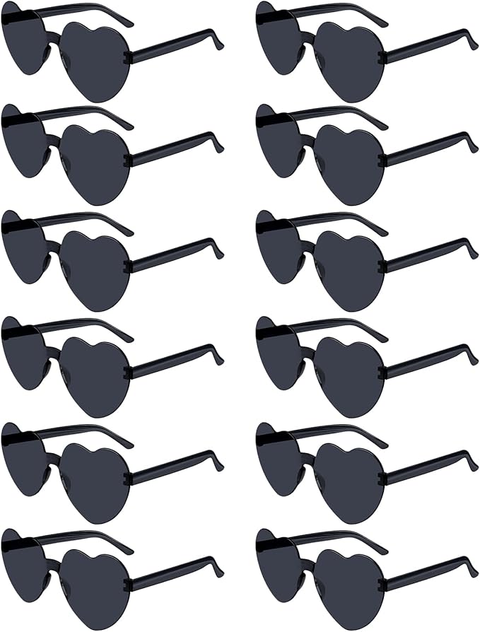 NACHLYNN 12 Pairs Black Rimless Heart Shaped Sunglasses for Women - Candy Heart Glasses for Party Favors