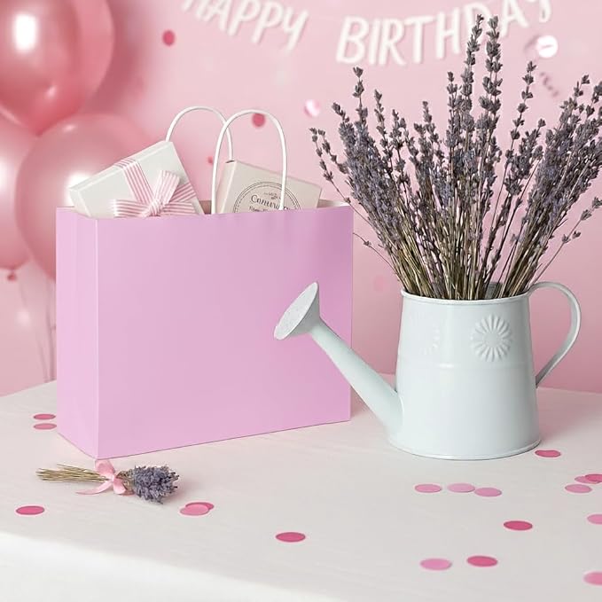 SUNCOLOR Paper Gift Bags with Handles, Pink, 13x10x5.5 Inch, Large Size, 25 Pack, for Birthday, Wedding, Shopping