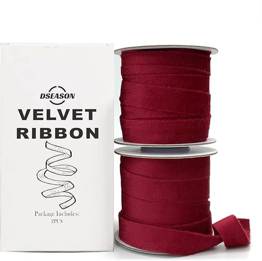 Velvet Ribbon Set 3/8" x 10 Yards, 2 Rolls 20 Yards, Dseason Handmade Christmas Red Velvet Ribbon Set for Gift Wrapping & Bow Making, Christmas Tree, Wreath Decoration, DIY Crafts Decoration