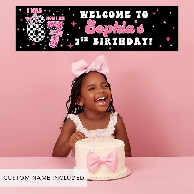 Andaz Press 13x48 Inch Custom 6 7 Birthday Banner Decorations, Personalized Birthday Banner with Custom Name, Coquette Pink Bow 67 Happy Birthday Party Banner for Girls, Home or Party Decor Backdrop