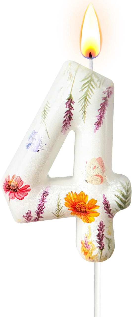 Number 4 Birthday Candle for Cake – Floral Botanical Design with Butterfly Detail – Elegant Cake Topper for Birthday, Garden Party Decoration