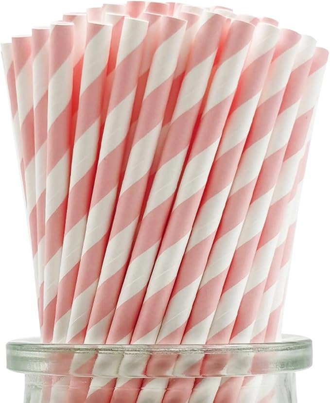Candy Pink and White Stripes Paper Drinking Straws, 7.75 Inches - Pack of 100 Cute Pink Striped Straw Cake Pop Straws for Valentine Wedding Birthday Party Decoration