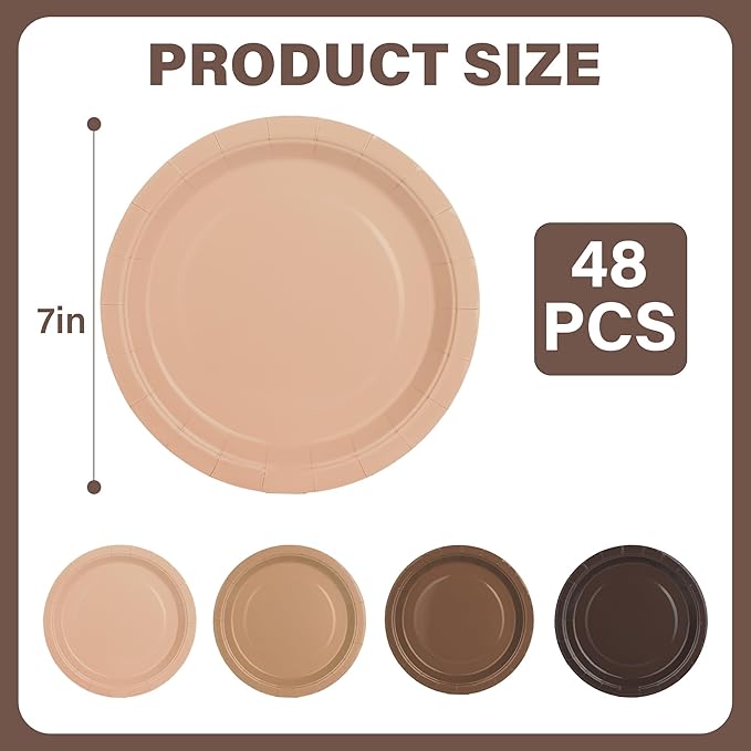 AimFun 48Pcs Brown Paper Plates Gradient Brown Party Plates 4 Colors 7”Disposable Round Dessert Plates for Birthday Holiday Thanksgiving Gathering Party Supplies