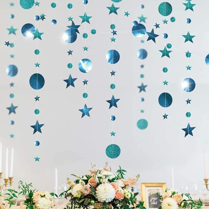 Cheerland Glitter Teal Aqua Blue Party Decorations Hanging Star Circle Garland Birthday Bridal Shower Backdrop Wedding Reception Bachelorette Decor Dot Streamer Graduation Party Under The Sea Theme