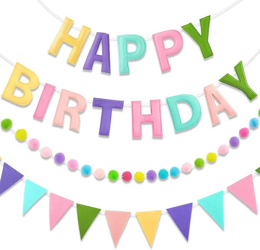 Mindsoft Pre Strung 3 Pcs Happy Birthday Banner Felt Ball Garland Multicolor Triangle Banner Reusable Bulk Rainbow Birthday Decorations for Girls Boys Women Men