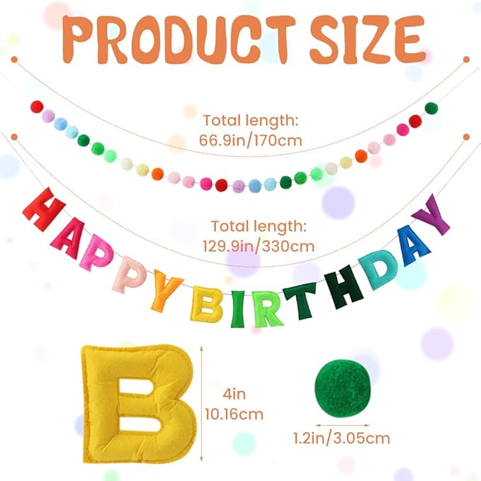 Pre-Strung Happy Birthday Banner,Felt Ball Garland HAPPY BIRTHDAY Pennant Flag,Colorful Rainbow-Birthday Decorations, Multicolor BuntingTriangle Flags,Party Decor,Photo Prop(43 Pcs)