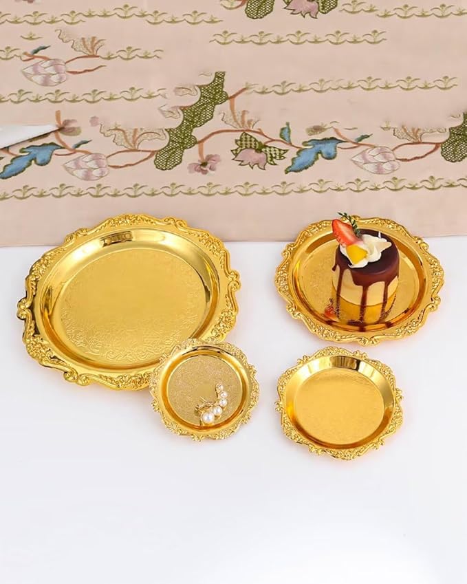 Round Decorative Tray 7.9in Metal Dessert Plates Vintage Coffee Table Tray for Snacks Fruit Gold