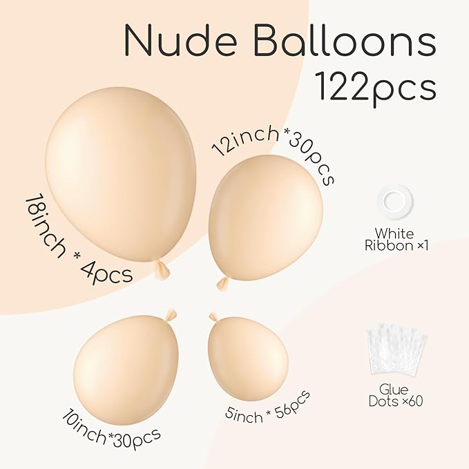 120pcs Nude Balloons, 18 12 10 5 inch Different Sizes Boho Neutral Balloon Arch Kit for Wedding Baby Shower Birthday Party Decorations