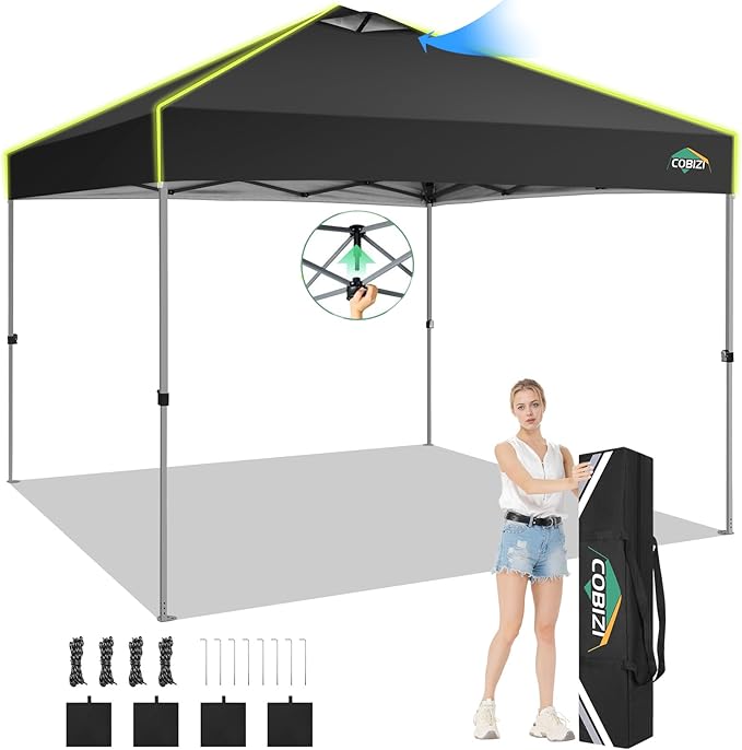 COBIZI 10x10 Pop Up Canopy Tent, Outdoor Party Tent Without Sidewall One Push Setup Glow, 3 Adjustable Height Air Vent Waterproof UPF50+, Bag, 4 Sandbag, 8 Stake, 4 Rope for Beach, Commercial