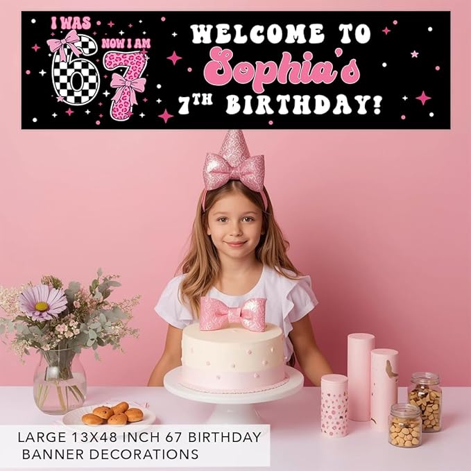 Andaz Press 13x48 Inch Custom 6 7 Birthday Banner Decorations, Personalized Birthday Banner with Custom Name, Coquette Pink Bow 67 Happy Birthday Party Banner for Girls, Home or Party Decor Backdrop