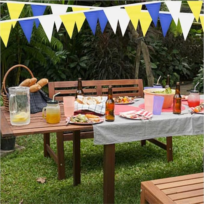 Blue Yellow White Pennant Banner Triangle Flag Bunting Garland Decorations for Grand Opening Wedding Kids Birthday Baby Shower Outdoor Garden 60Feet 60 pcs