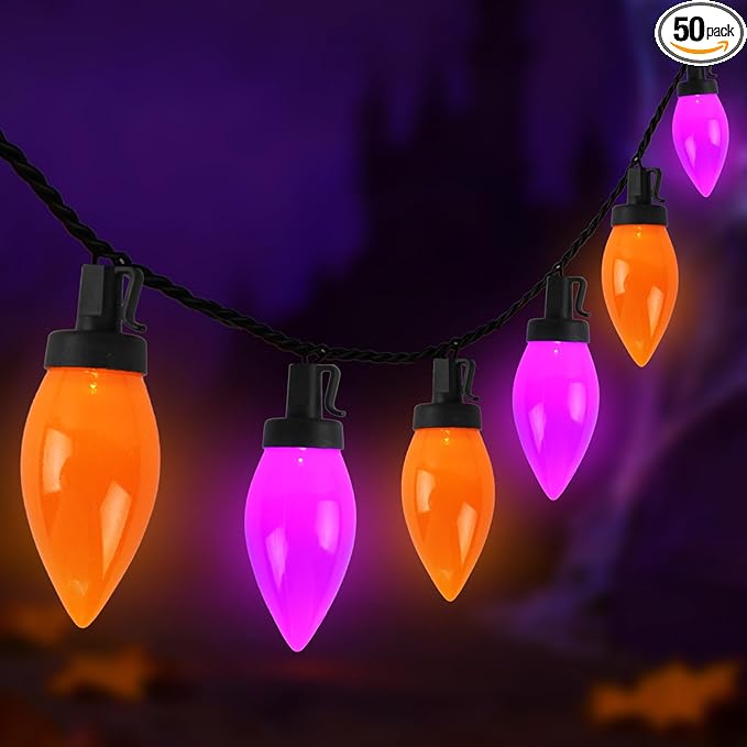 C9 Halloween String Lights Outdoor, 26.4Ft C9 Halloween Decorations with 50 LED Orange and Purple Lights, Extendable Hanging Plug in Christmas Night Lights for Party, Patio, Outside Yard, House Decor