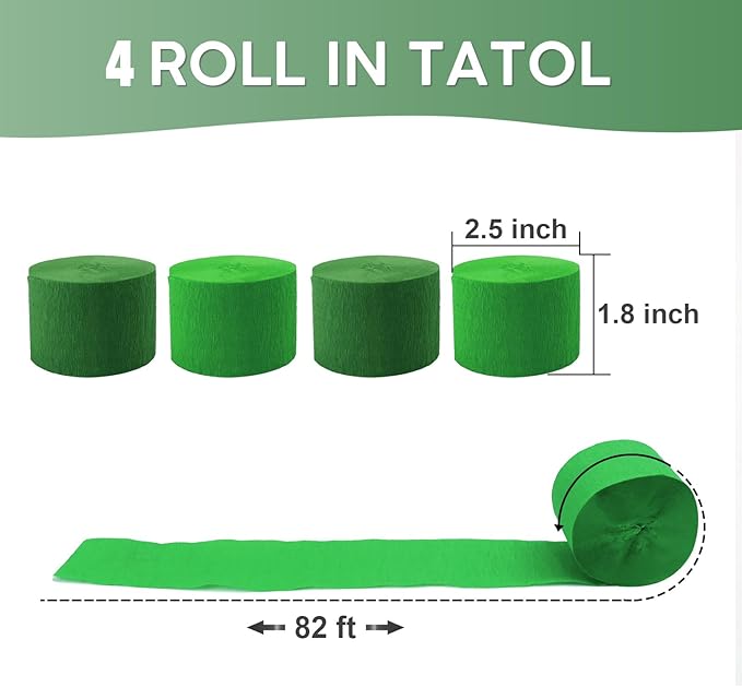 4 Rolls Crepe Paper Green Series Streamers – Perfect for Streamers St Patrick's Day Party Decorations, Wedding, Birthday, St Patrick's Day Decor, and DIY Craft Supplies(1.8 Inch x 82 Ft/Roll)