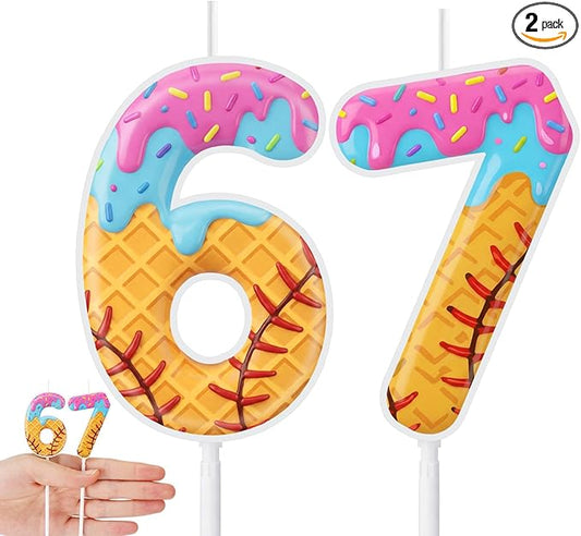 Conelist 6 7 Baseball Ice Cream Drip Birthday Number Candles Baseball Drip Cake Topper Candle Cupcake Topper Decoration for Sport Theme Happy Birthday Party Favors Anniversary Supplies (2 Pcs)