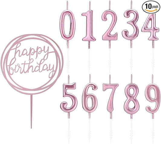 10-Piece Number Candles - Rose Gold, Glitter Cake Toppers for Wedding or Birthday Cakes