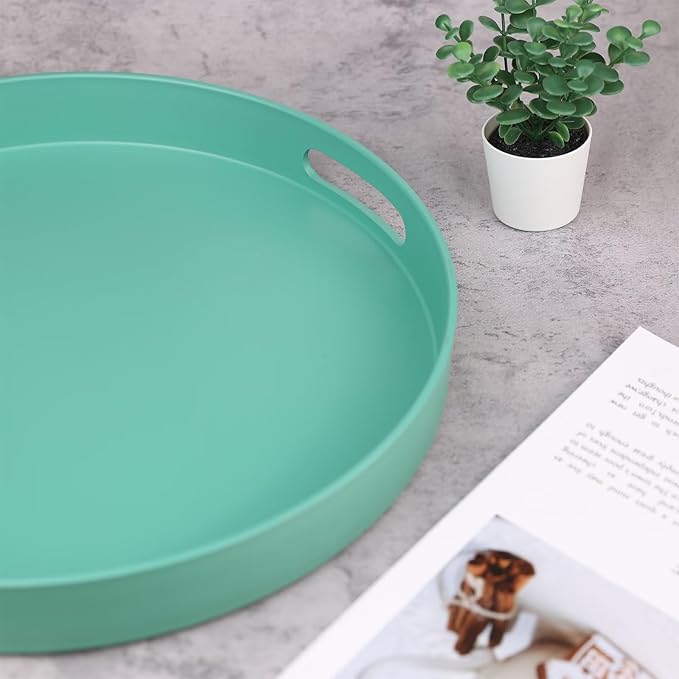 Round Green Decorative Serving Tray with Handles, 13” Versatile Ottoman Tray for Coffee Table, Entertaining, Outdoor Patio, Living Room