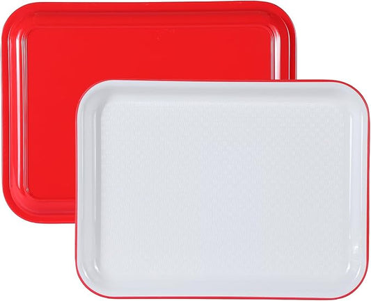 Non-Slip Melamine Serving Trays Set of 2, Rectangular Food Trays with Raised Edges, Stain Resistant White & Red Platters for Restaurant, Party, Home Kitchen, 14.5" x 11" Heavy Duty Trays