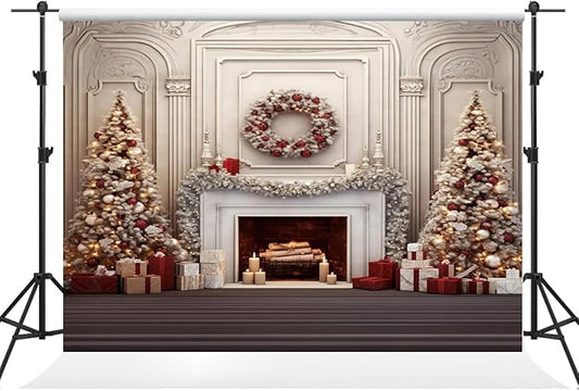 Kate 8×8ft Christmas Backdrop Photography Christmas Tree Wreath Fireplace Candle Xmas Background Studio Props for Photo Video