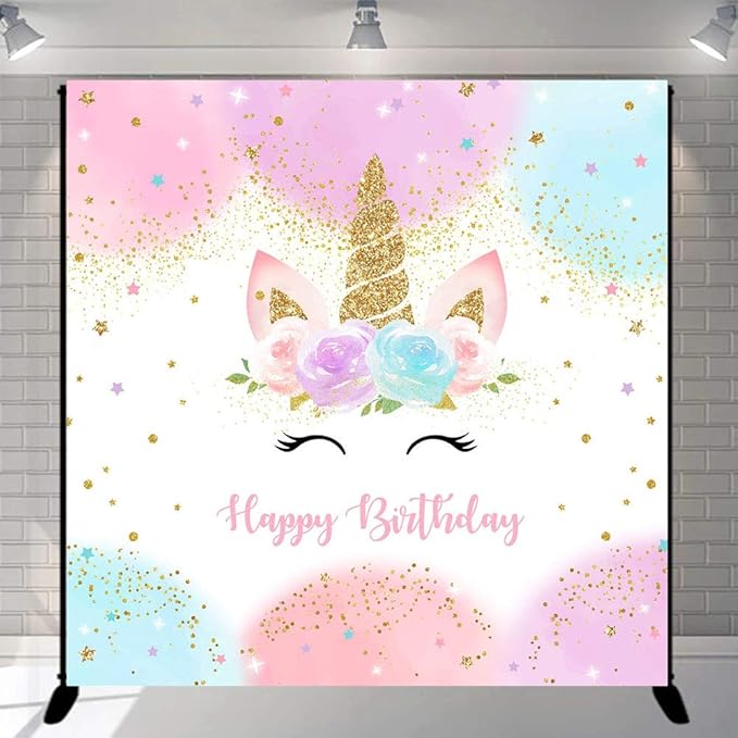 Mocsicka Unicorn Birthday Decorations Backdrop for Girls Party 6x6ft Pastel Rainbow Glitter Stars Dots Happy Birthday Banner Photo Booth Props