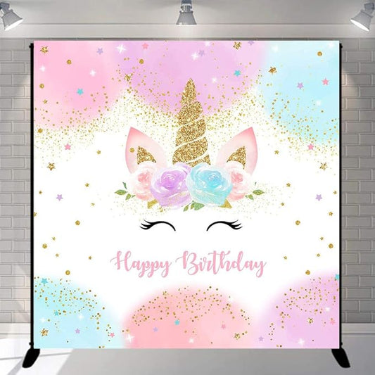Mocsicka Unicorn Birthday Decorations Backdrop for Girls Party 8x8ft Pastel Rainbow Glitter Stars Dots Happy Birthday Banner Photo Booth Props