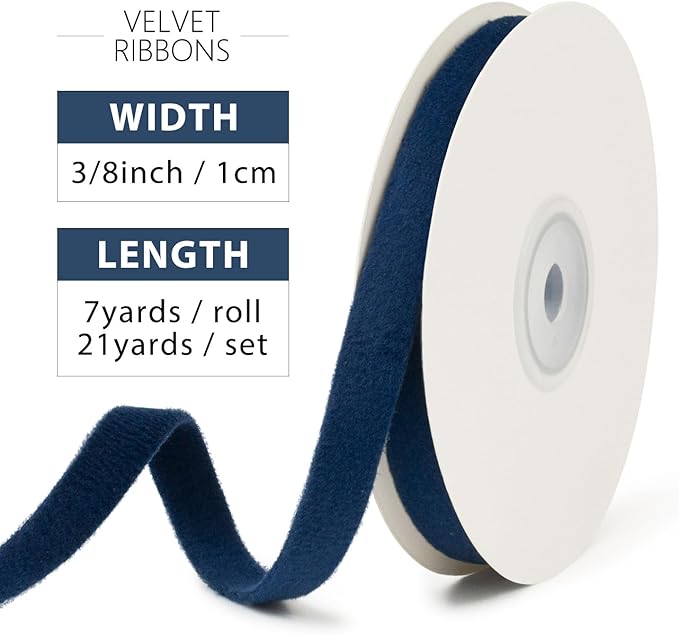 Dark Blue Velvet Ribbon - 3/8 Inch x 21Yd Vintage Thin Blue Velvet Ribbon Double Faced for Christmas Tree Ornaments, Gift Wrapping, Wedding Decoration, Wreath & Hair Bows
