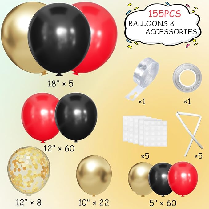 MEBAY 155Pcs Red Black Gold balloons Garland Arch Kit with Gold Confetti Balloons for Graduation Anniversary Casino Night Hollywood New Years Movie Night Birthday Decorations