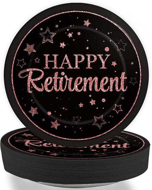Wiooffen 48Pcs Retirement Paper Plates Party Supplies Happy Retirement Dessert Cake 7 inch Plates Tableware Set Pink and Black Retired Dinnerware for Woman Graduations Decorations Favors