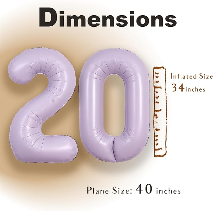 SUWEN 40 Inch Light Purple Large 20 Balloon Number Big Foil Helium Lavender Number Balloons Huge Mylar 0-9 Giant Jumbo Happy 20th Birthday Party Anniversary Decorations