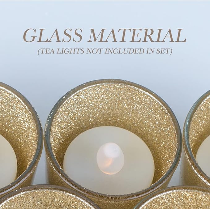 Gold Votive Candle Holders, BeMoment Glitter Glass Tealight Candle Holder for Christmas, Wedding Decor and Home Decor, Festival, Xmas, Holiday, Set of 12(2”×2”)
