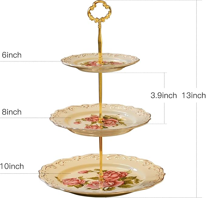 YOLIFE Red Rose Pattern 3 Tiered CupCake Stand, Emboss Golden Leaves Edge Porcelain 3 Tier Pastry Desert Fruit Stand