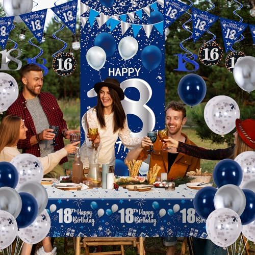 18th Birthday Decorations for Boys, Blue Silver 18 Year Old Party Decor
